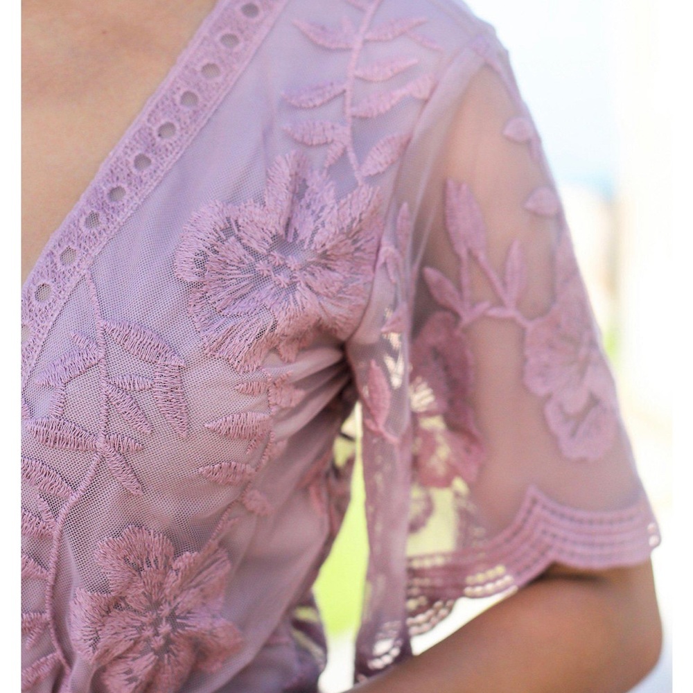Mauve V neck Lace Maxi Romper